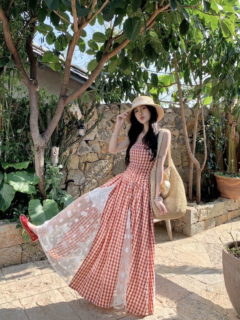 【dress】レースドッキングチェック柄ワンピース　M29795