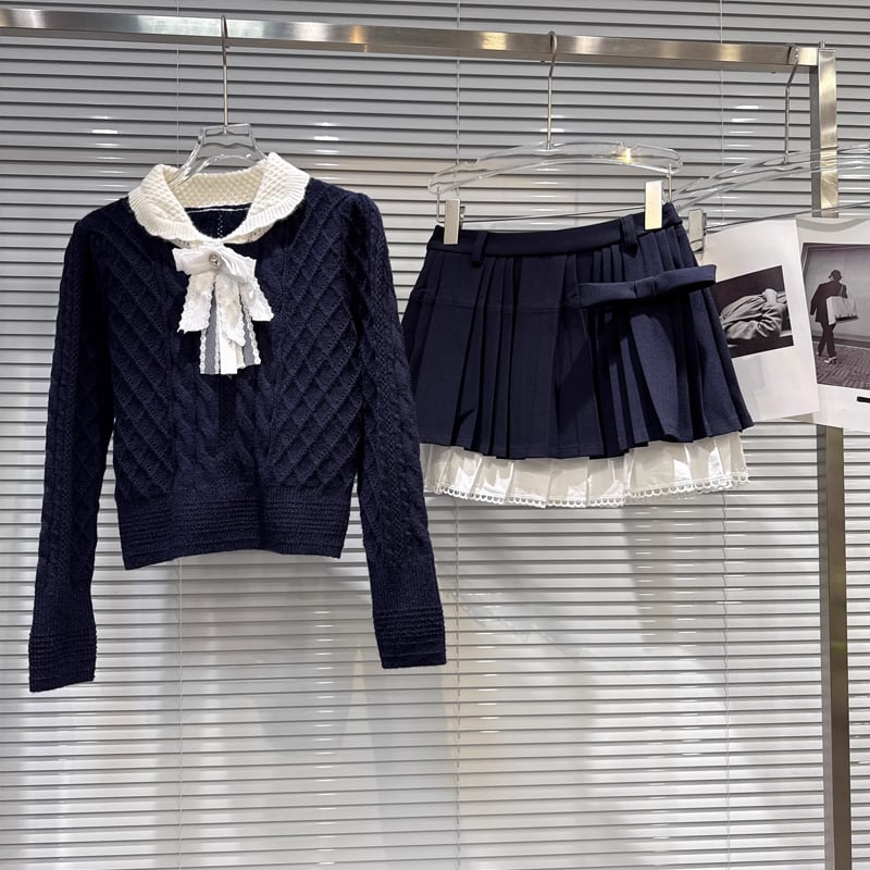 【set】リボン付きニットトップス×プリーツスカートセット Q7370