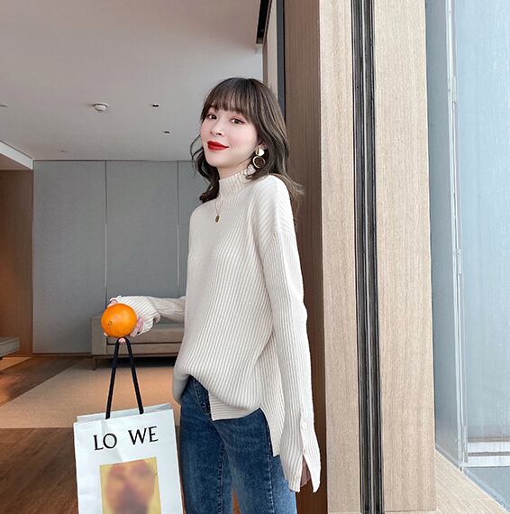 【tops】女性力を高める〜ハーフネック長袖体型カバーファッション無地ニットセーターF0839