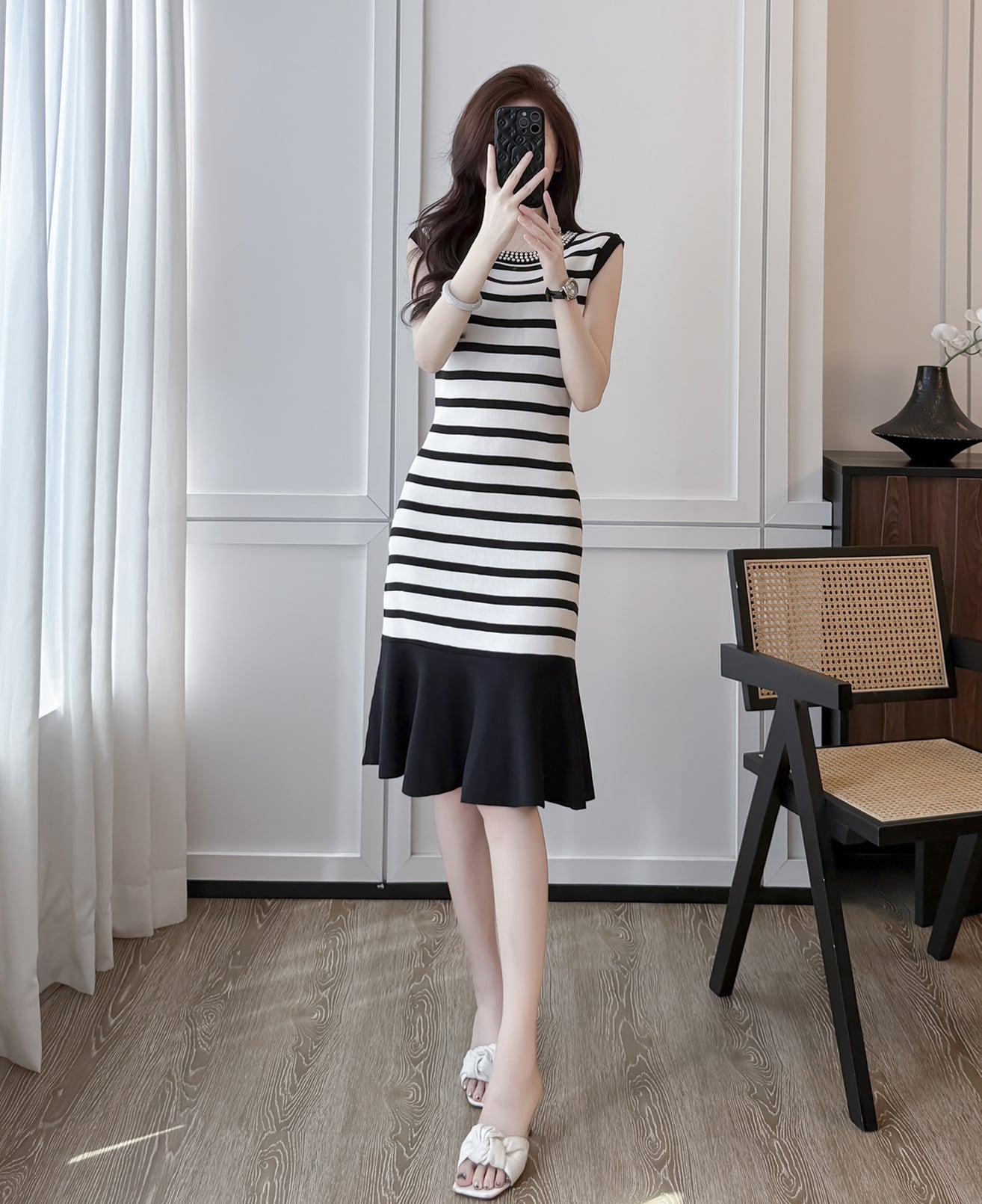 【dress】ノースリーブボーダー柄ニットワンピース Q8491