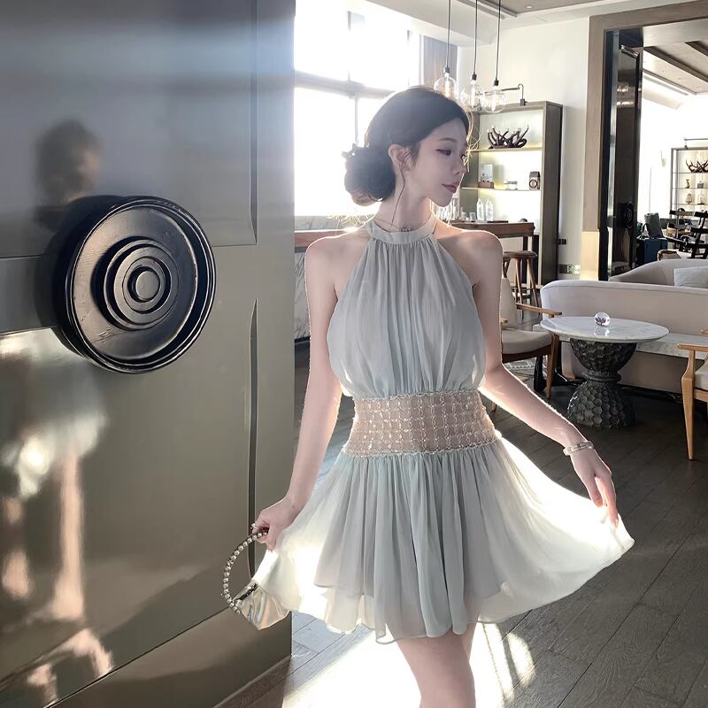 【dress】ビーズ付きノースリーブチュールミニワンピース Q8406