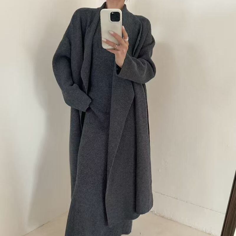 【set】ロングカーディガン×ハイネックホルダーワンピースセット Q7227