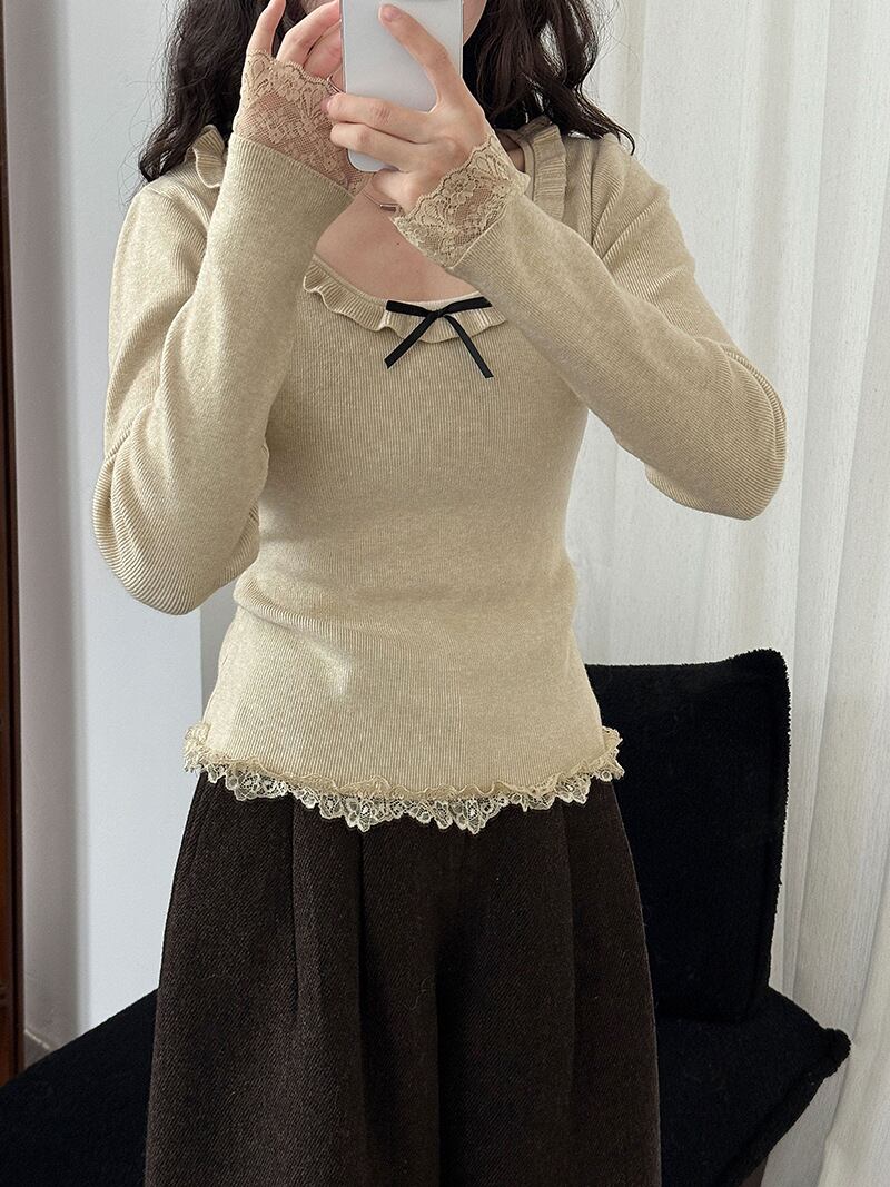 【tops】レースドッキングフレアニットトップス Q7312