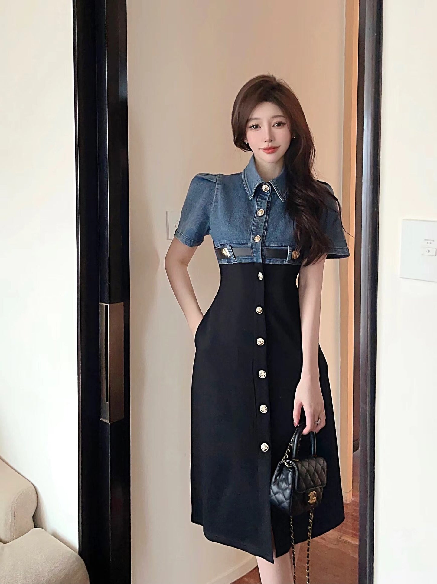 【dress】切り替えデニムAラインワンピース G21118