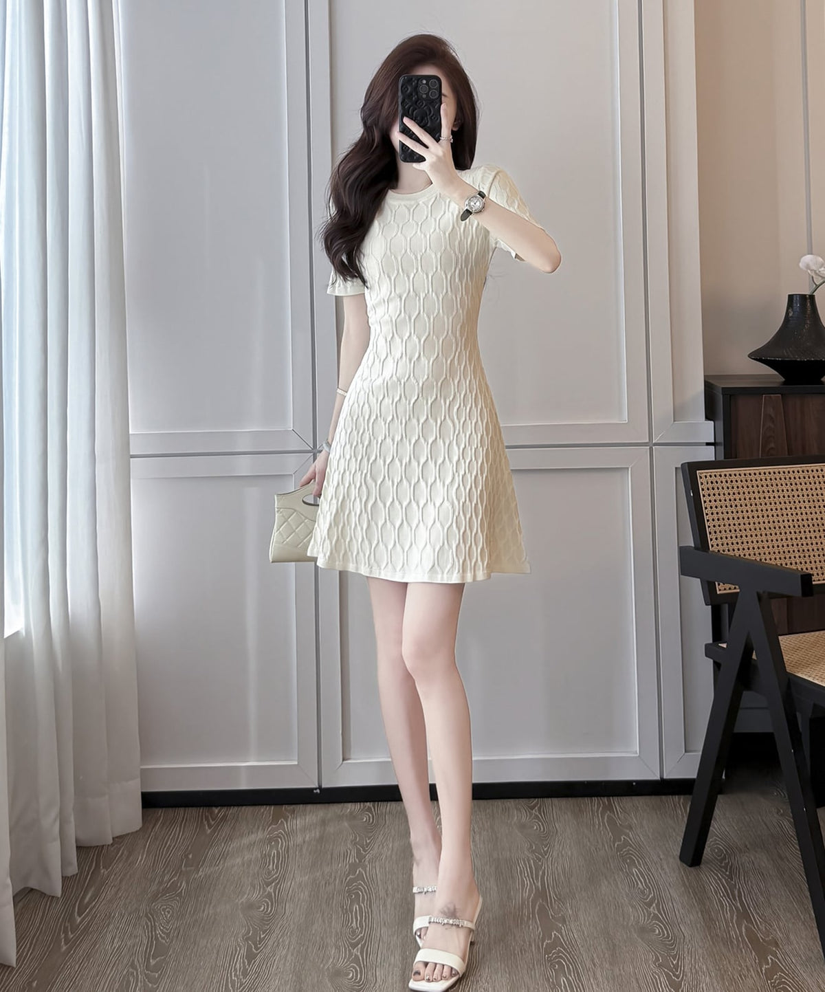 【dress】Aライン半袖ニットワンピース Q8490