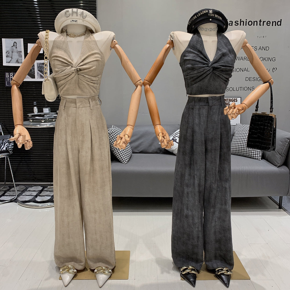 【set】Vネックトップス×ワイドパンツセット　M24991