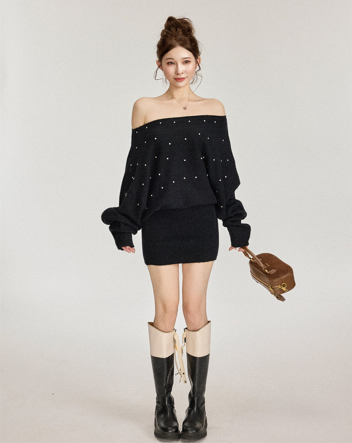 【dress】ビジューニットミニワンピース　N3498