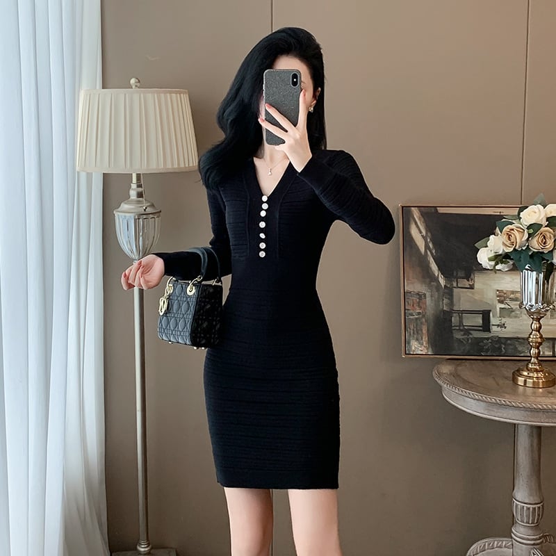 【dress】Vネックニットワンピース　M25346