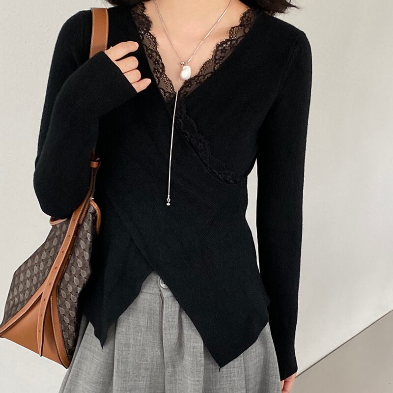 【tops】レース付きクロスニットトップス Q7238