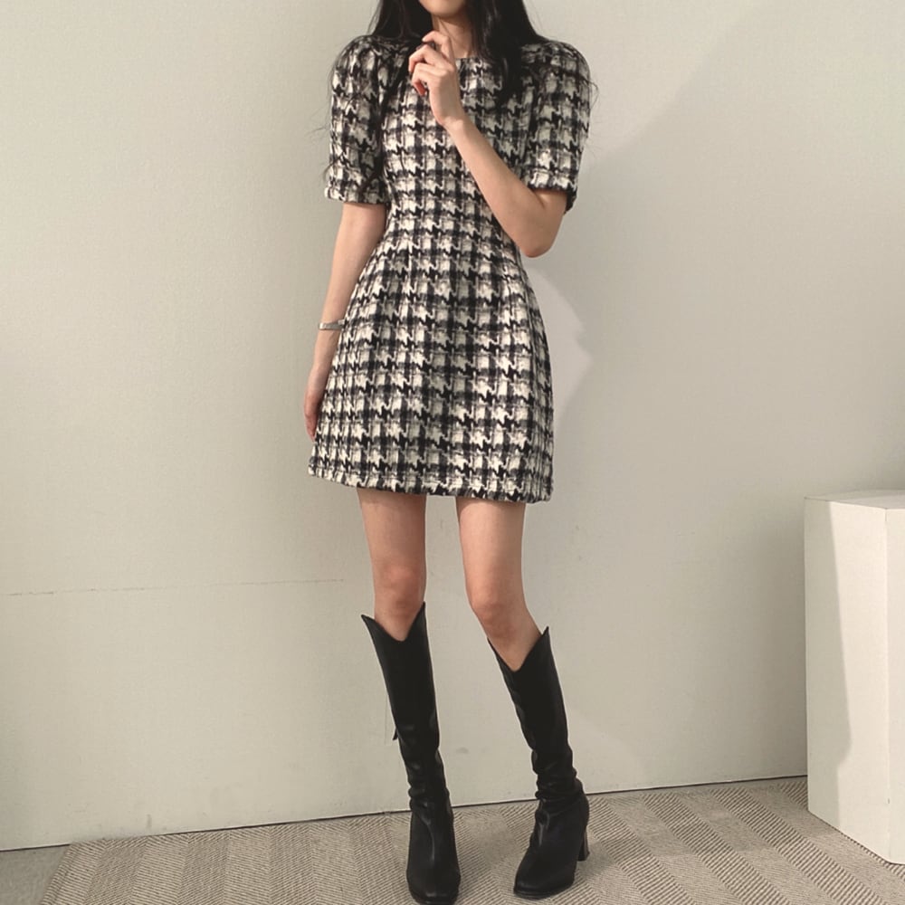 【dress】好感度UP!気質満点デザインフランス風デザインパフスリーブ着痩せワンピース G6962