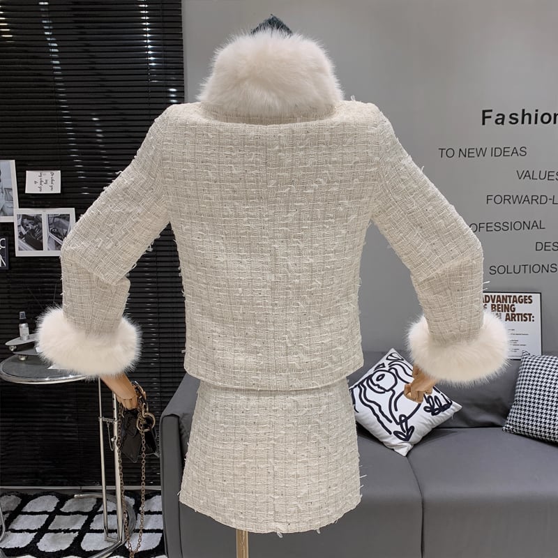 【set】ファー付きツイードジャケット×ミニスカートセット Q7462