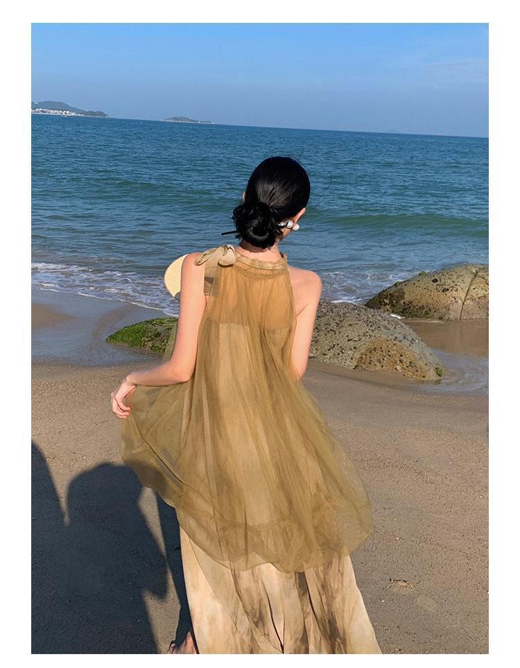 【dress】メッシュ偽二つ切り替えワンピース G20432