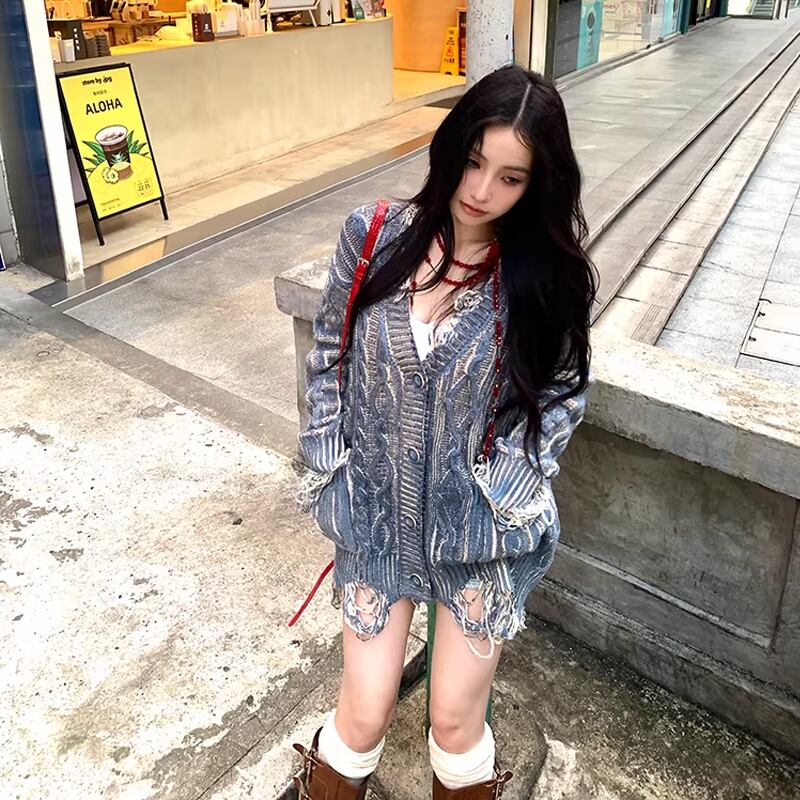 【outer】ダメージ加工ニットカーディガン Q8134