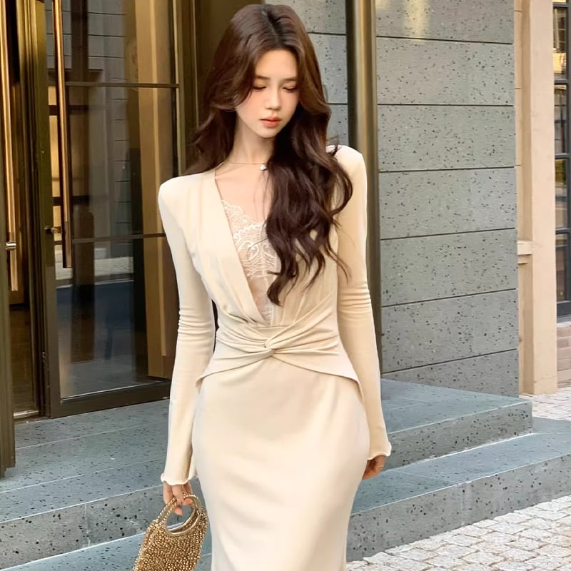 【dress】レースドッキングロングワンピース Q7596