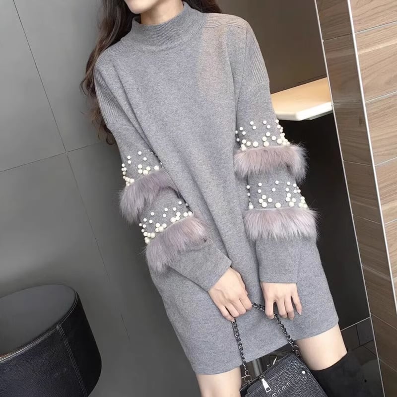 【dress】袖ファーパールニットワンピース　M19363