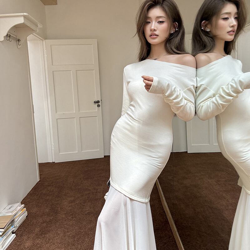 【dress】オフショルドッキングマーメイドワンピース Q6925