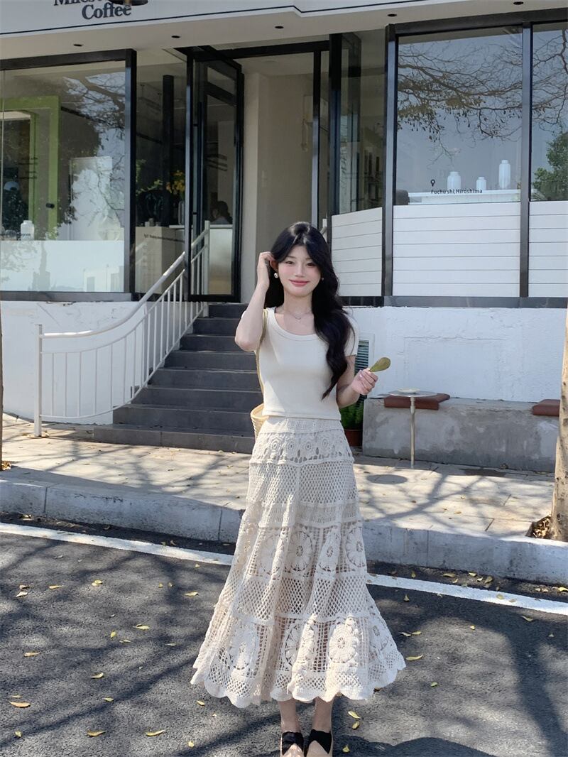 【set】トップス+レース透かし彫りスカート２点セットG21098