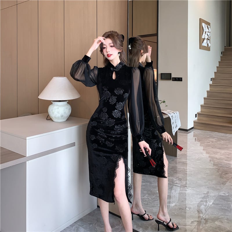 【dress】チュールコンビレーススリットワンピース　M29351
