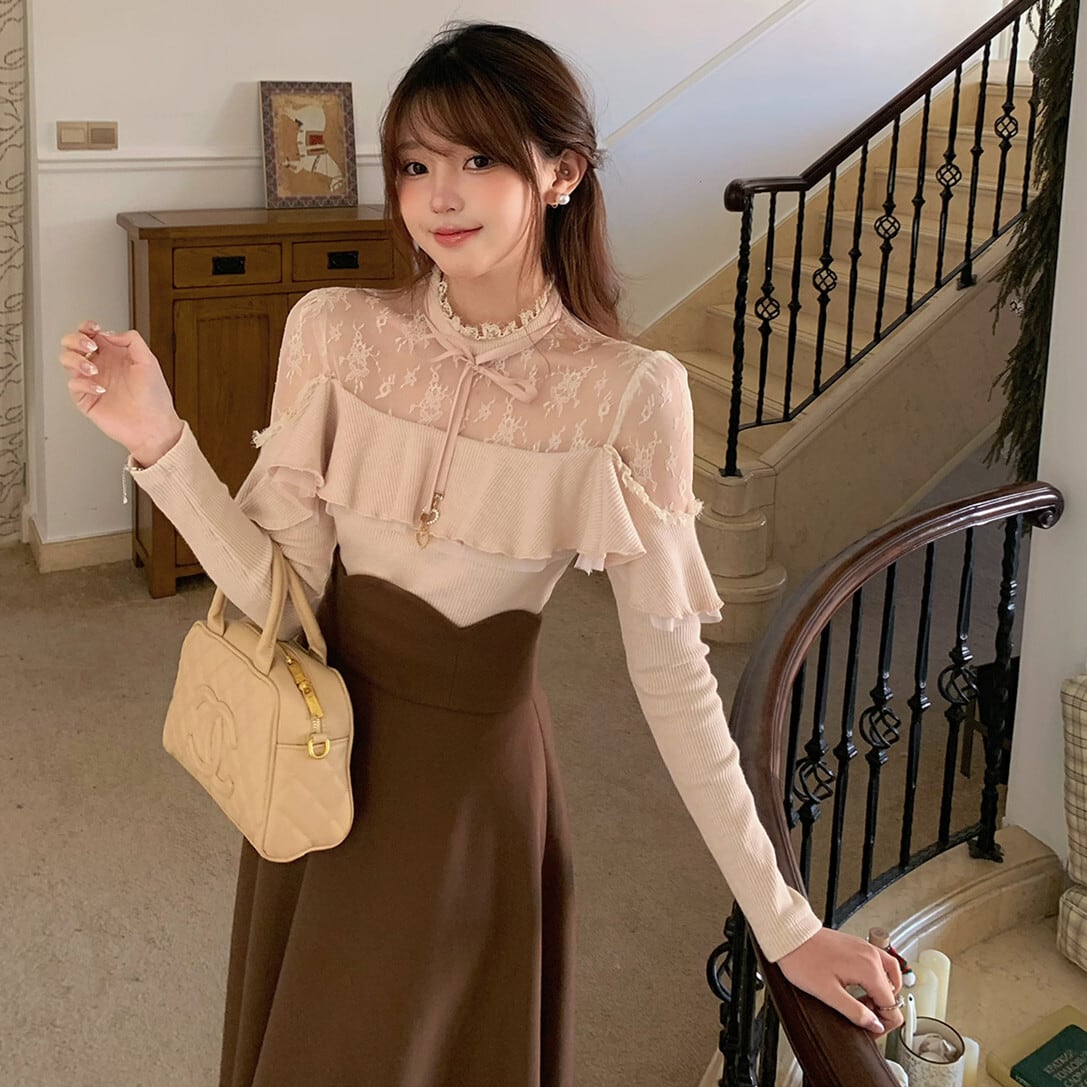 【set】レースフリルニットトップス×ロングスカートセット N3477