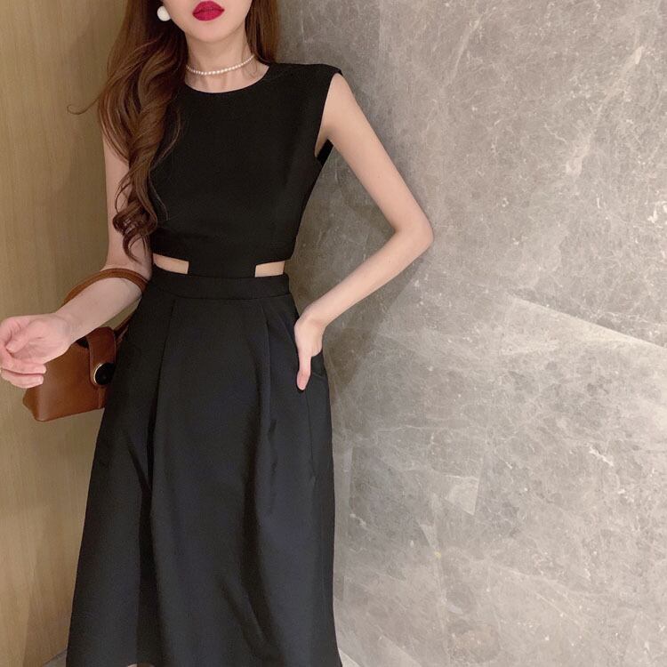 【dress】韓国ファッション海旅行ラウンドネック無地ノースリーブ着やせワンピースF0322