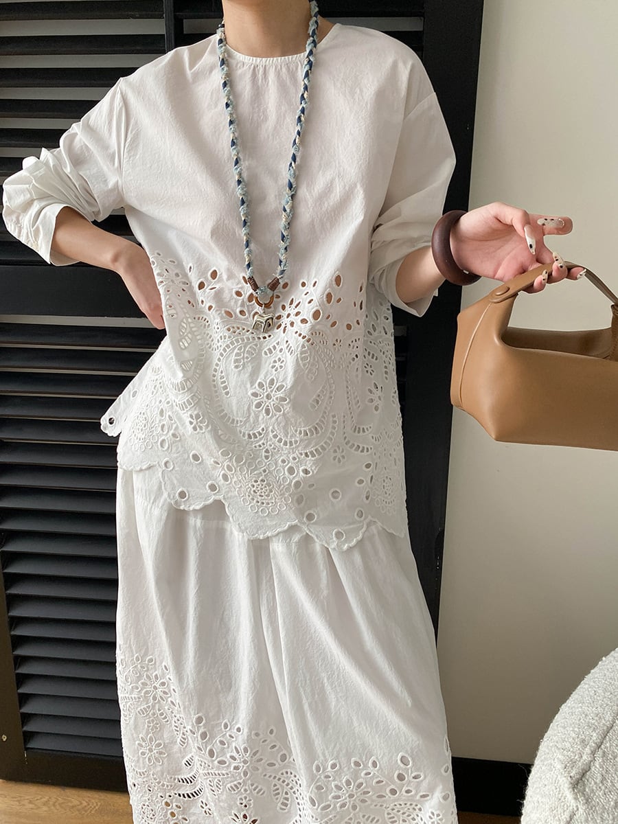【set】アイレットレーストップス×ロングスカートセット Q8399