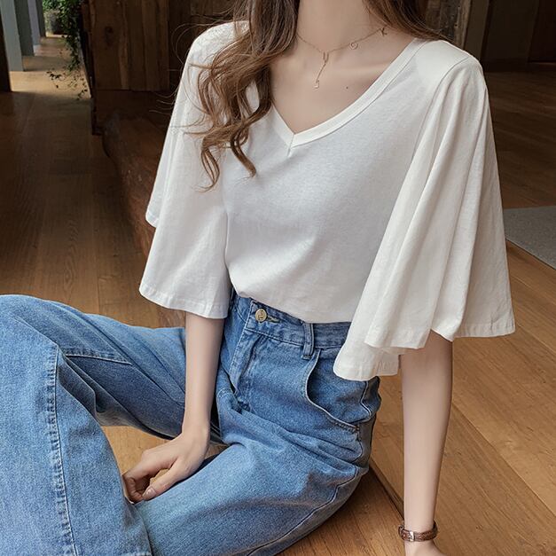 【tops】美人度アップVネック半袖ファッションフレアスリーブ無地着回しTシャツF0001