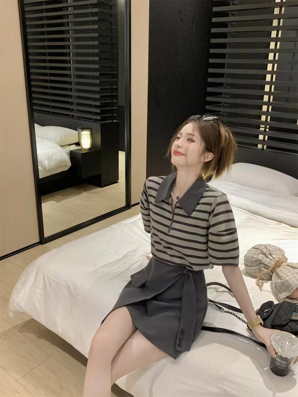 【set】ストライプ柄Tシャツ+スカート２点セットG21355