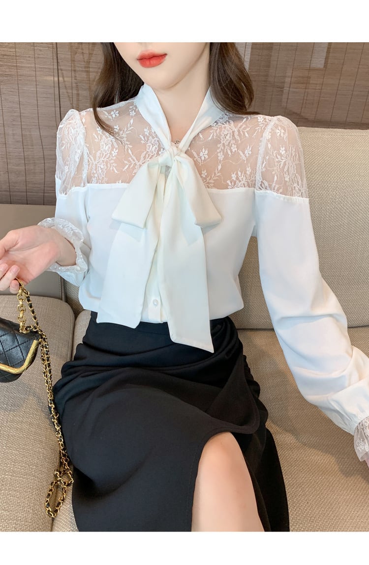【tops】レース切り替えシャツトップス　M25165