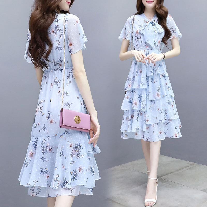 【dress】清新スウィート〜タイカラーフレアスリーブ韓国風ギャザー花柄ワンピースF0296