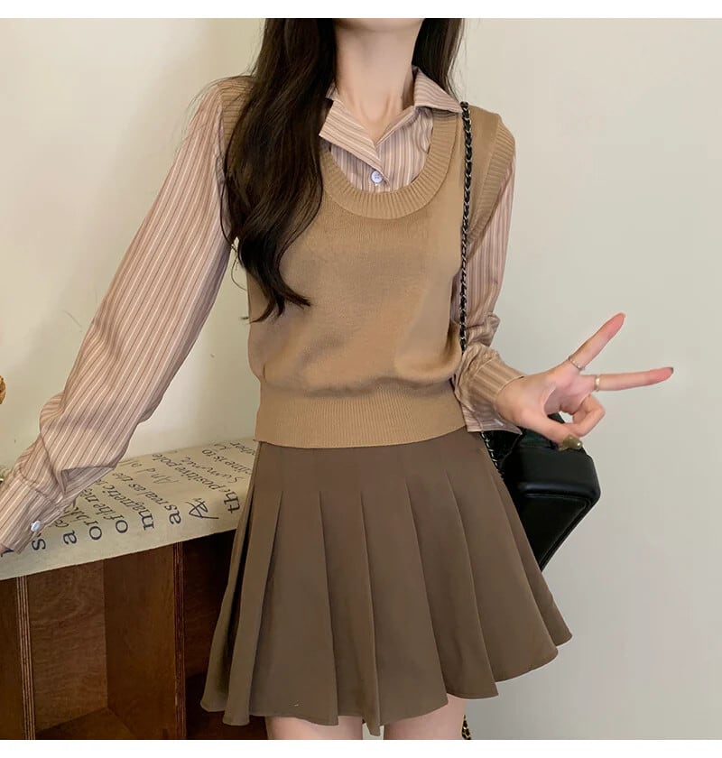 【tops】POLOネック切り替えニットトップス　N2834