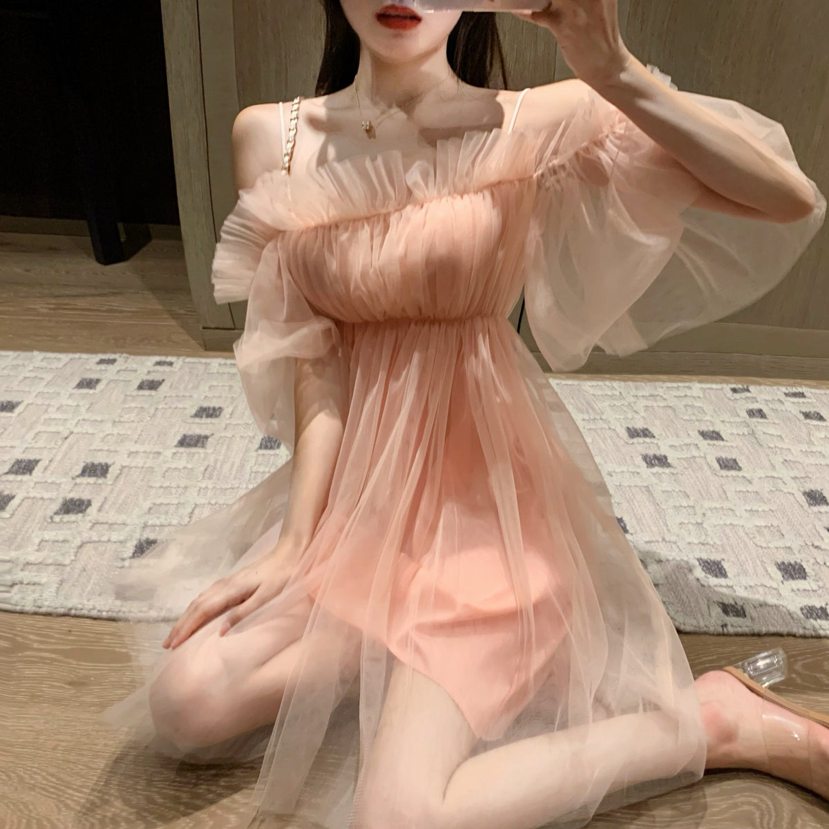 【dress】ギャザーオフショルチュールワンピース　N2666