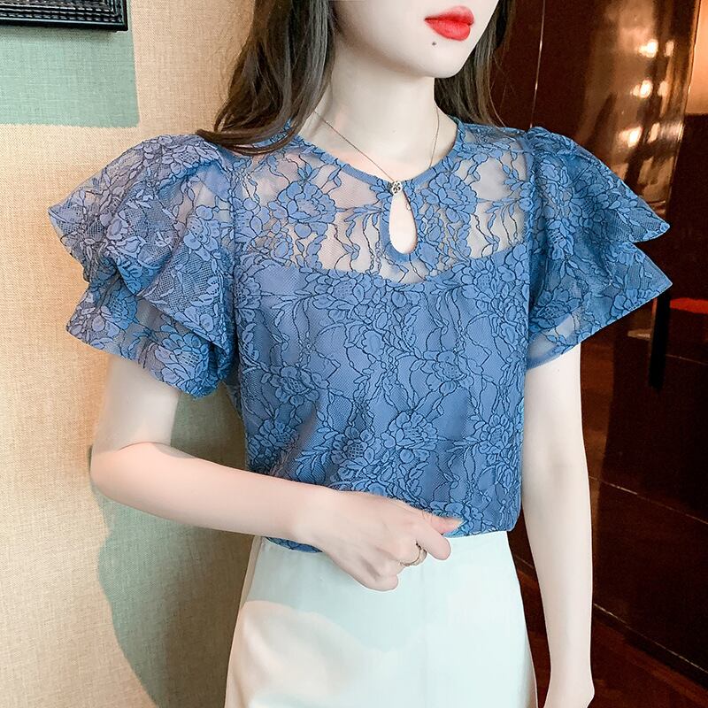 【tops】透かし彫りレースブラウスG21385