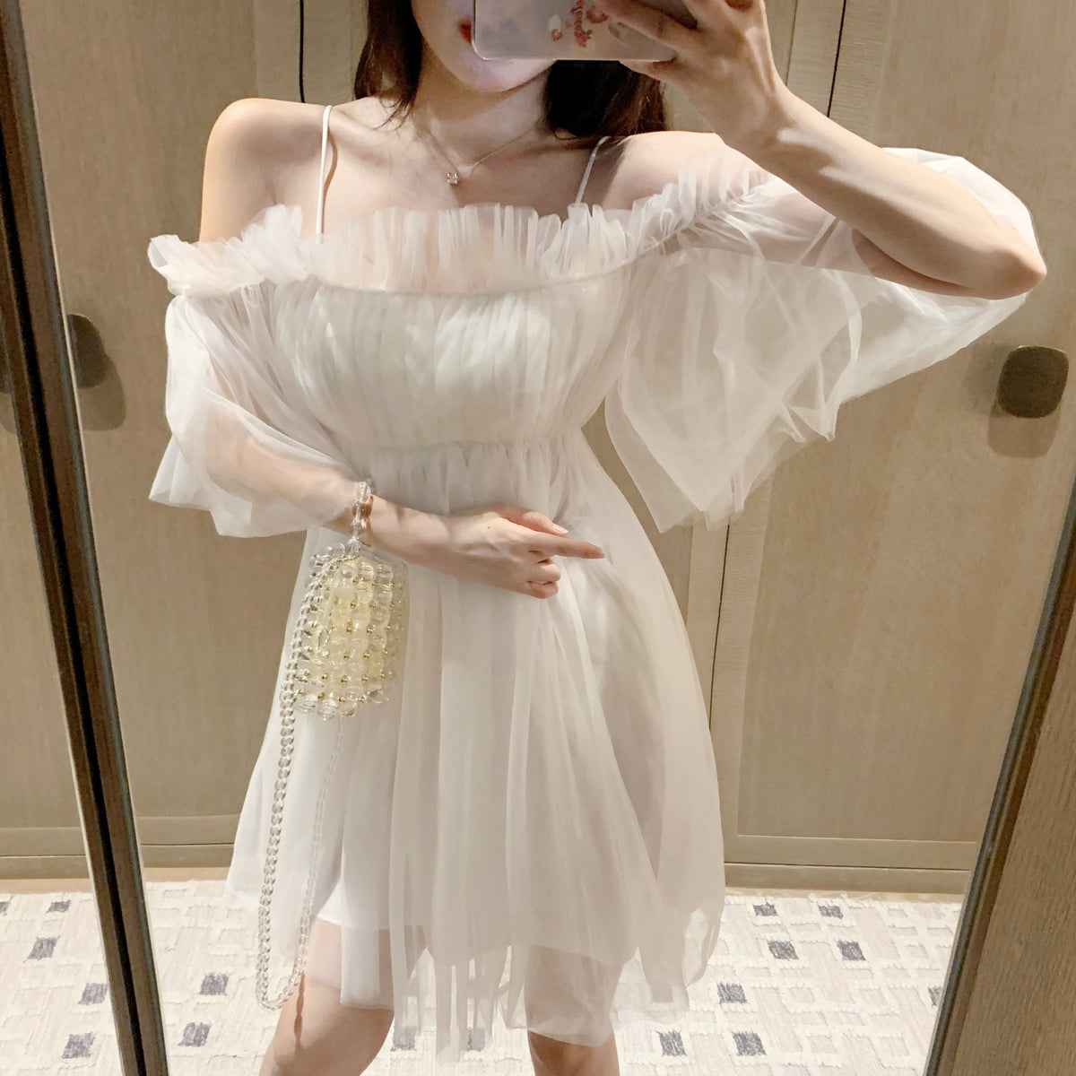 【dress】ギャザーオフショルチュールワンピース　N2666