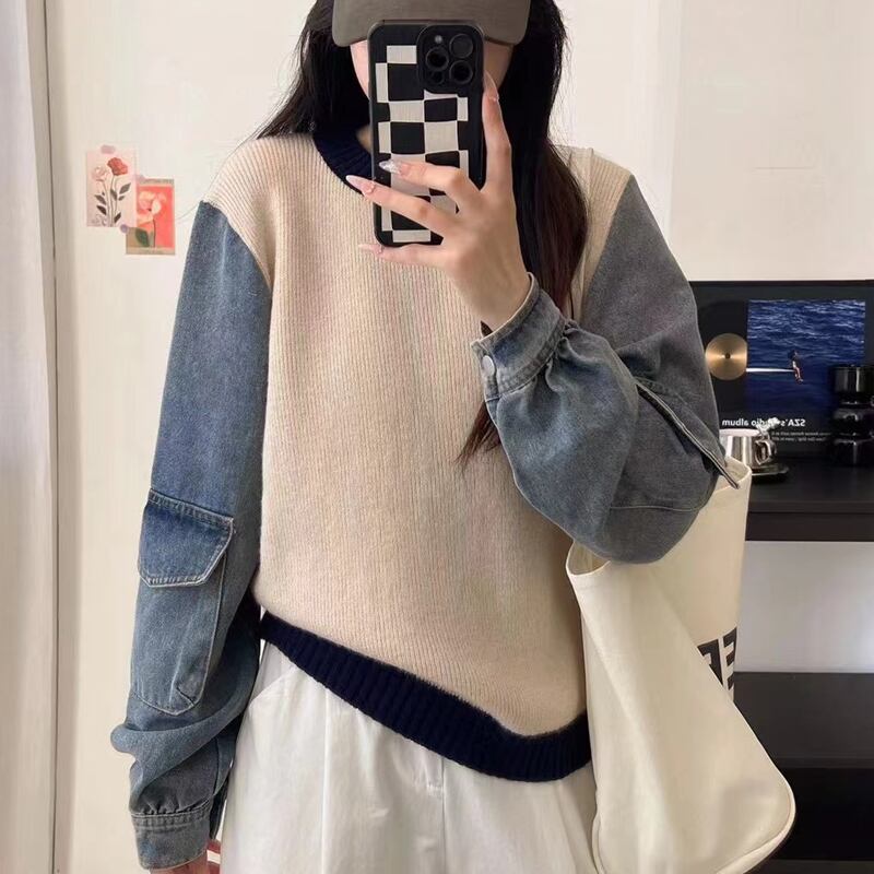 【tops】デニム袖ドッキングセーター Q6372