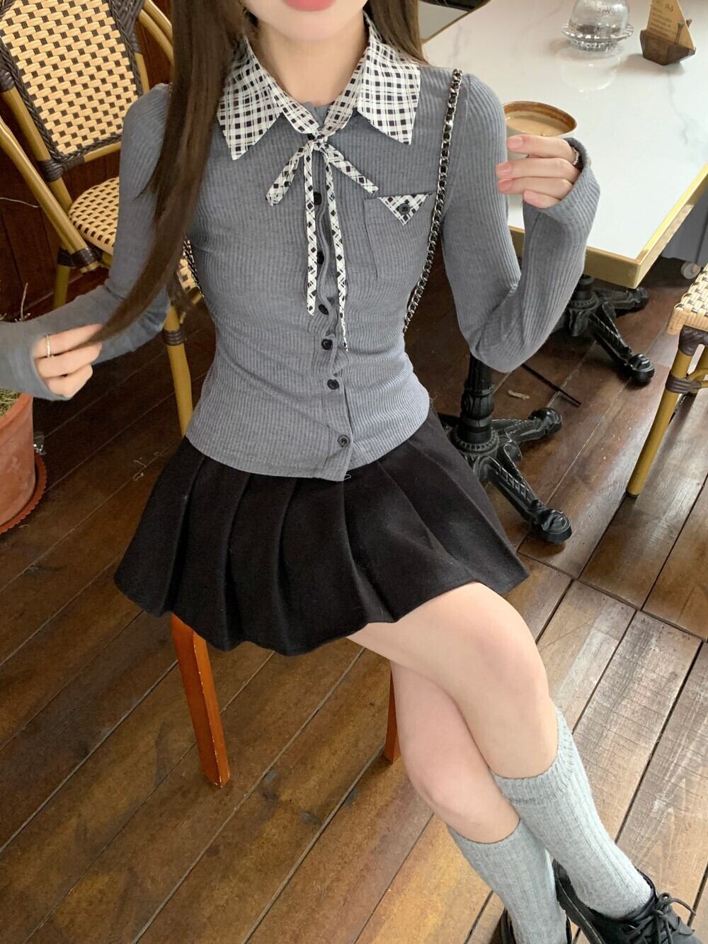 【outer】チェック柄切り替えニットカーデ　M28848