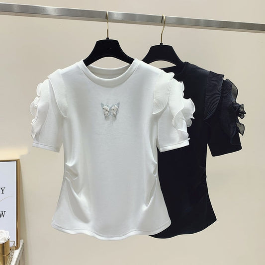 【tops】2色フリル半袖ＴシャツF7454