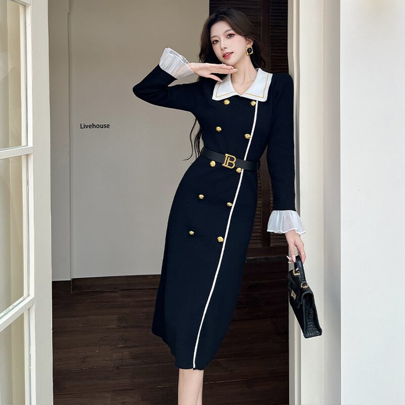 【dress】レースドッキングニットワンピース Q7584