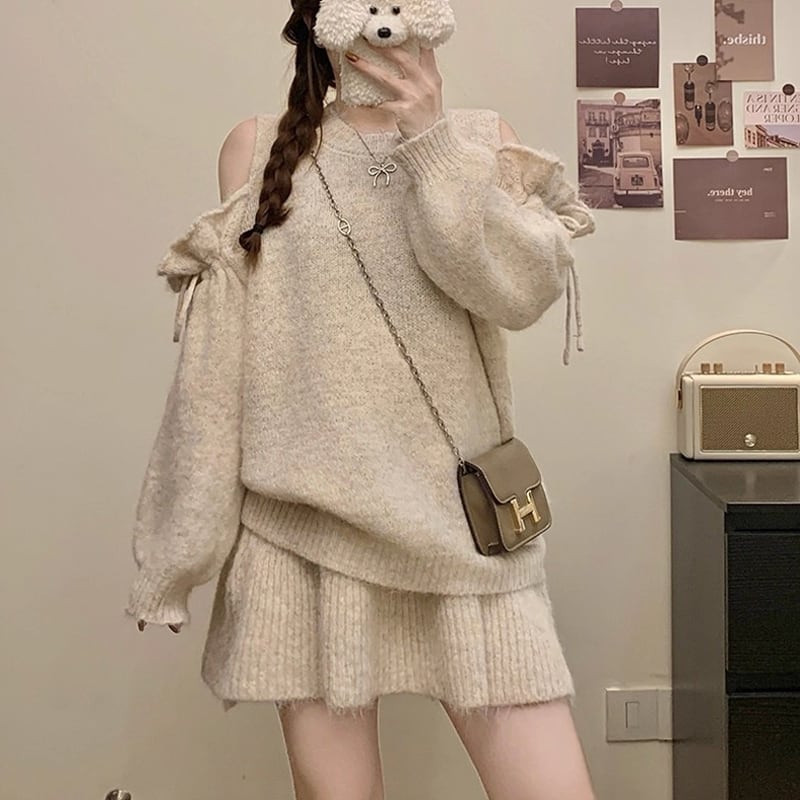 【set】オフショルニットトップス×ミニスカートセット Q7276