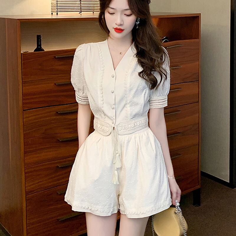 【set】Vネックトップス+ショートパンツ2点セットF7486