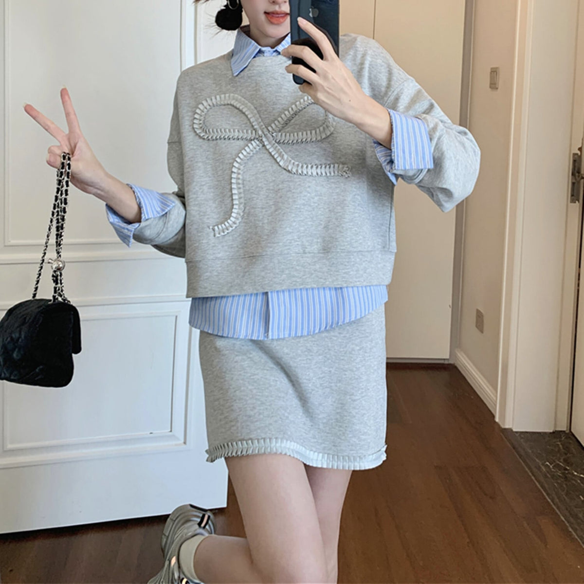 【set】ストライプ柄シャツ×リボンプルオーバー×スカート3点セット    N2733