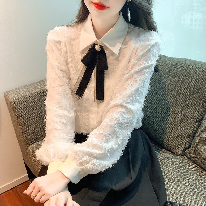 【tops】リボン付きレースシャツトップス　M18686