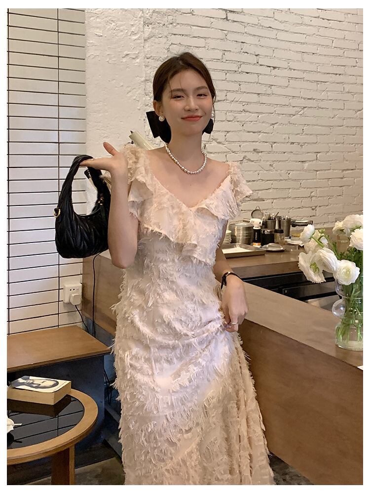 【dress】Vネックフリンジワンピース G20071