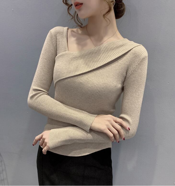 【tops】早い者勝ち! 長袖オブリークネック韓国ファッション着回しゆったりニットセーターW0782