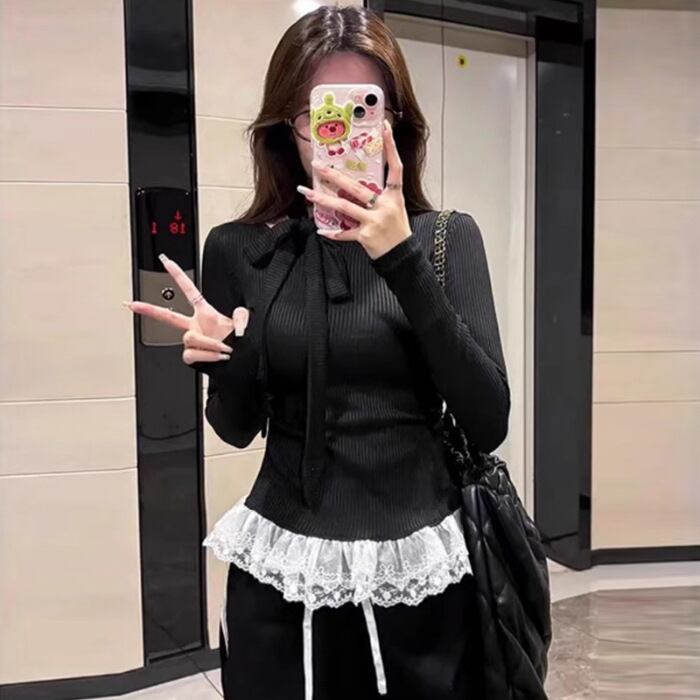 【tops】レースドッキングニットトップス　M28048