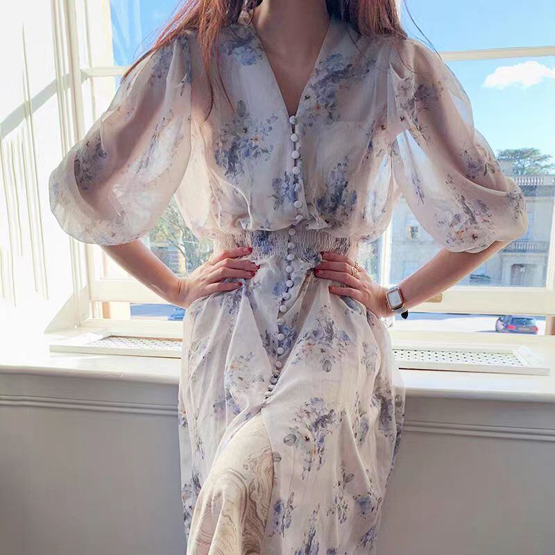 【dress】Vネック花柄シフォンワンピース G20747