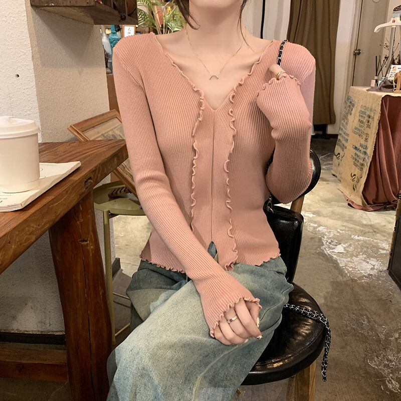 【tops】Vネックフリルニットトップス　M18839
