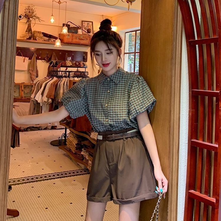 【set】チェック柄ブラウス+ショートパンツ２点セットG21352