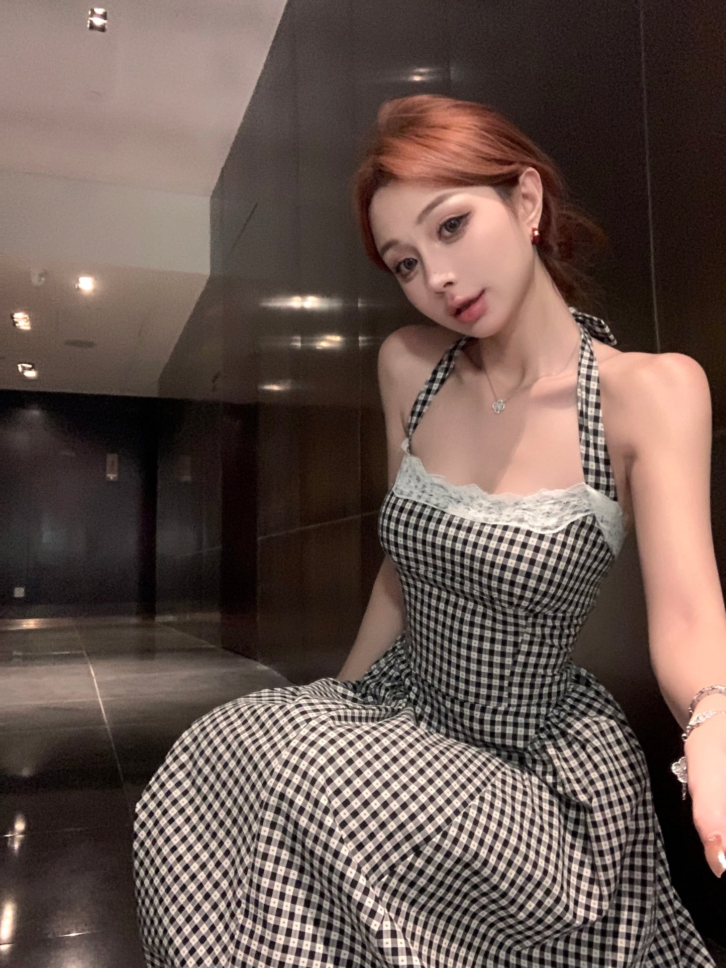 【dress】レース切り替えバックリボンチェック柄ワンピースF7789