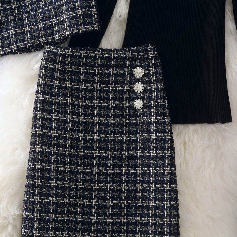 【set】無地セーター+チェック柄ベスト+ボディラインスカート3点セットF0817