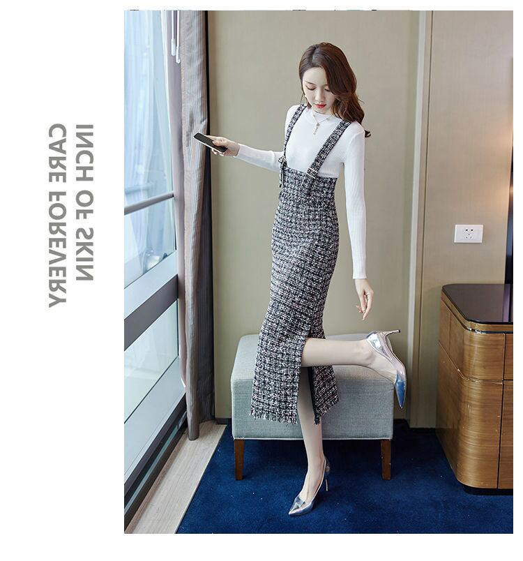 【set】ニットセーター+チェック柄サスペンダースカートセット G12551